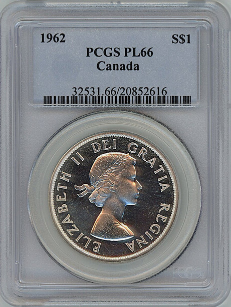:1962 1$ DOLLAR ELIZABETH-II CANADA PCGS PL66 RARE R4 (SEMI-CAM) HIGHEST-GRADES