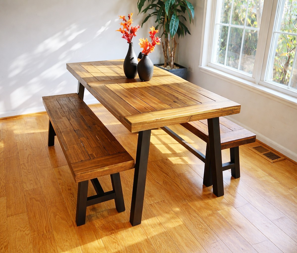 Industrial Solid Wood & Metal Legs Dining Table Bench Set Kitchen Breakfast Nook