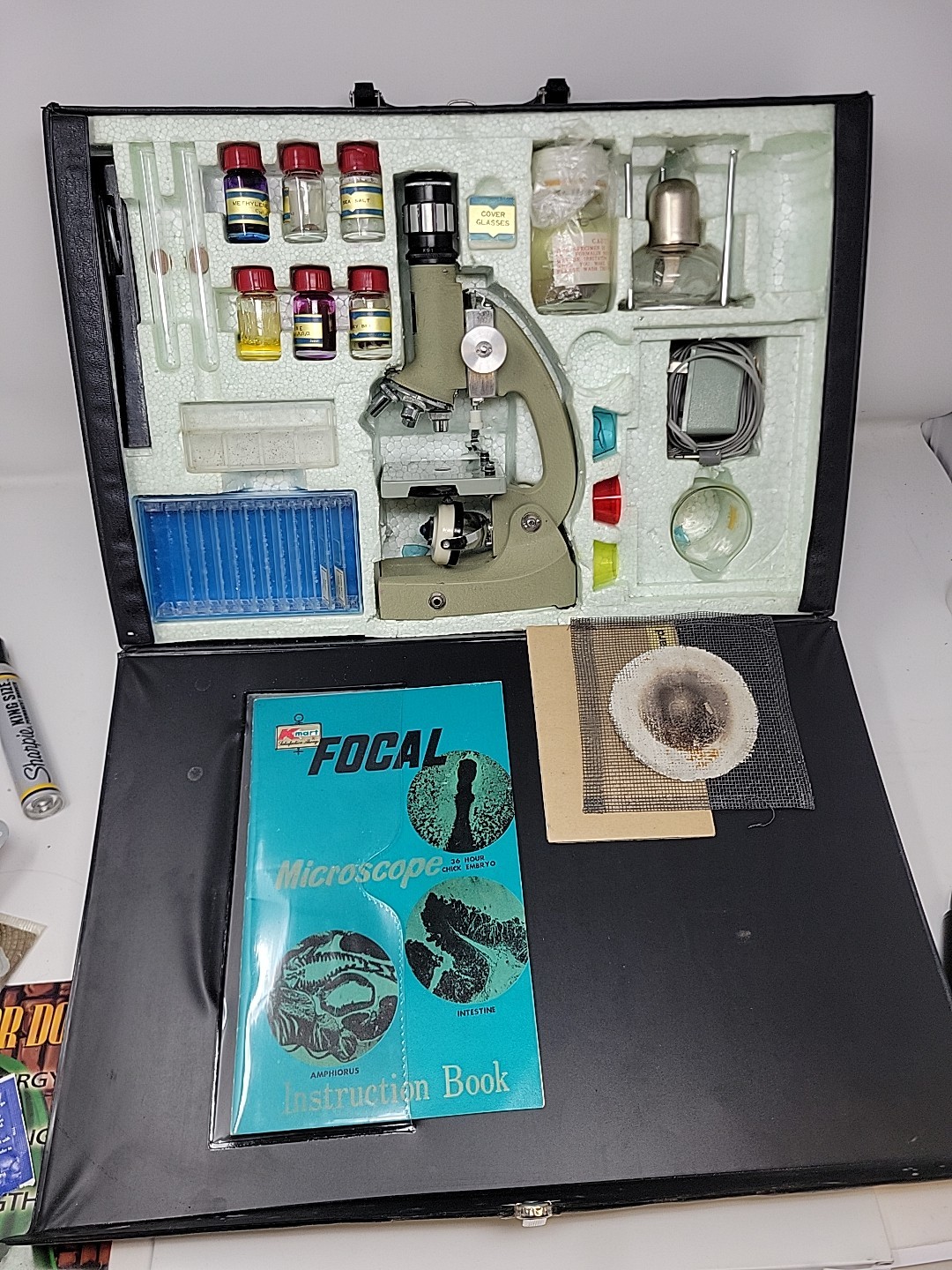 Vintage FOCAL Student Microscope Kit, Slides, Chemicals & Instruction Book 1960