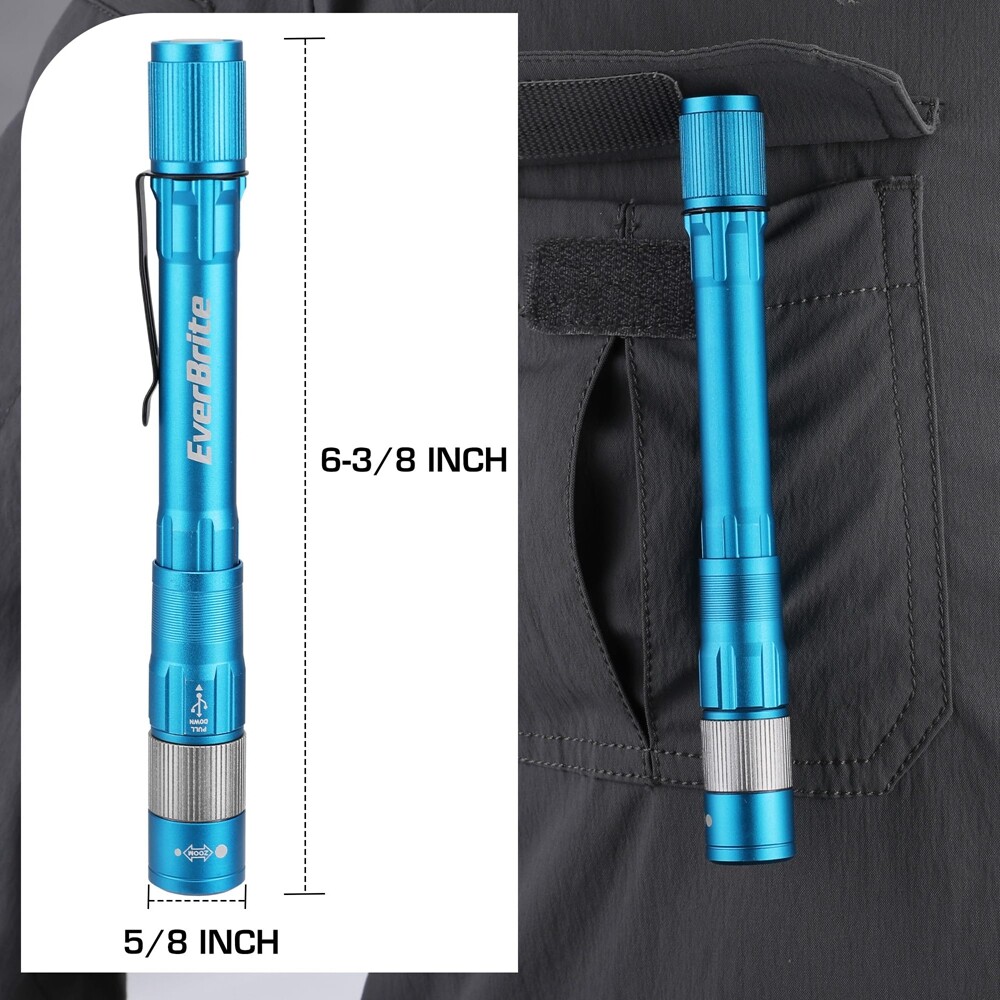 EverBrite Pen Light Rechargeable LED Pen Flashlight 300LM Zoomable w/USB-C Cable