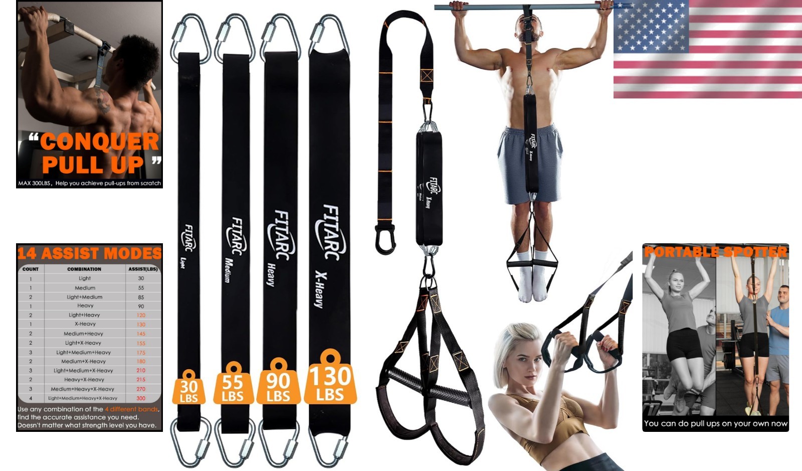 Customizable Resistance Pull Up Bands Set with Door Anchor - Max Support 300LBS