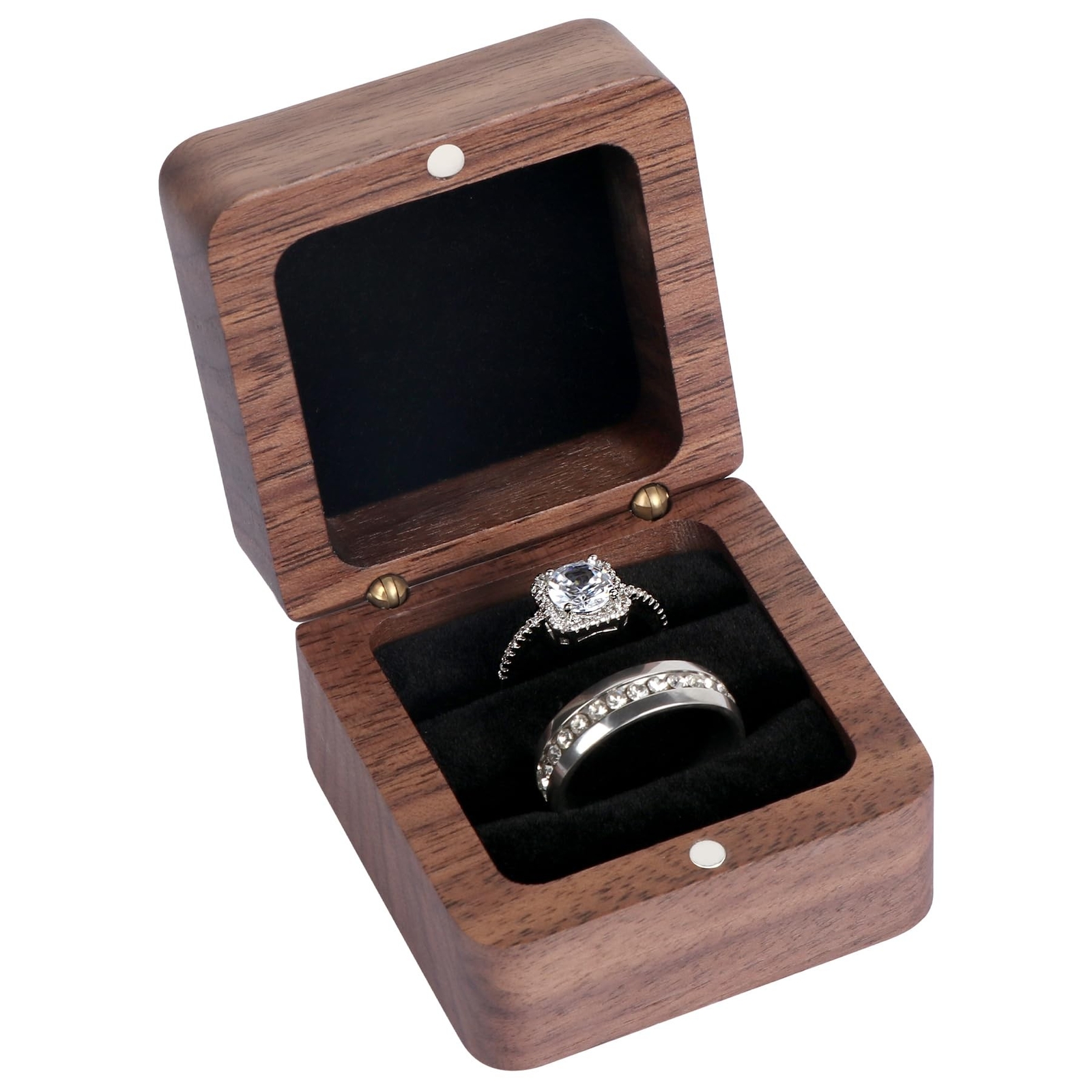 Wooden Engagement Ring Box With 2 Slots, Square Wedding Holder for Proposal, ...