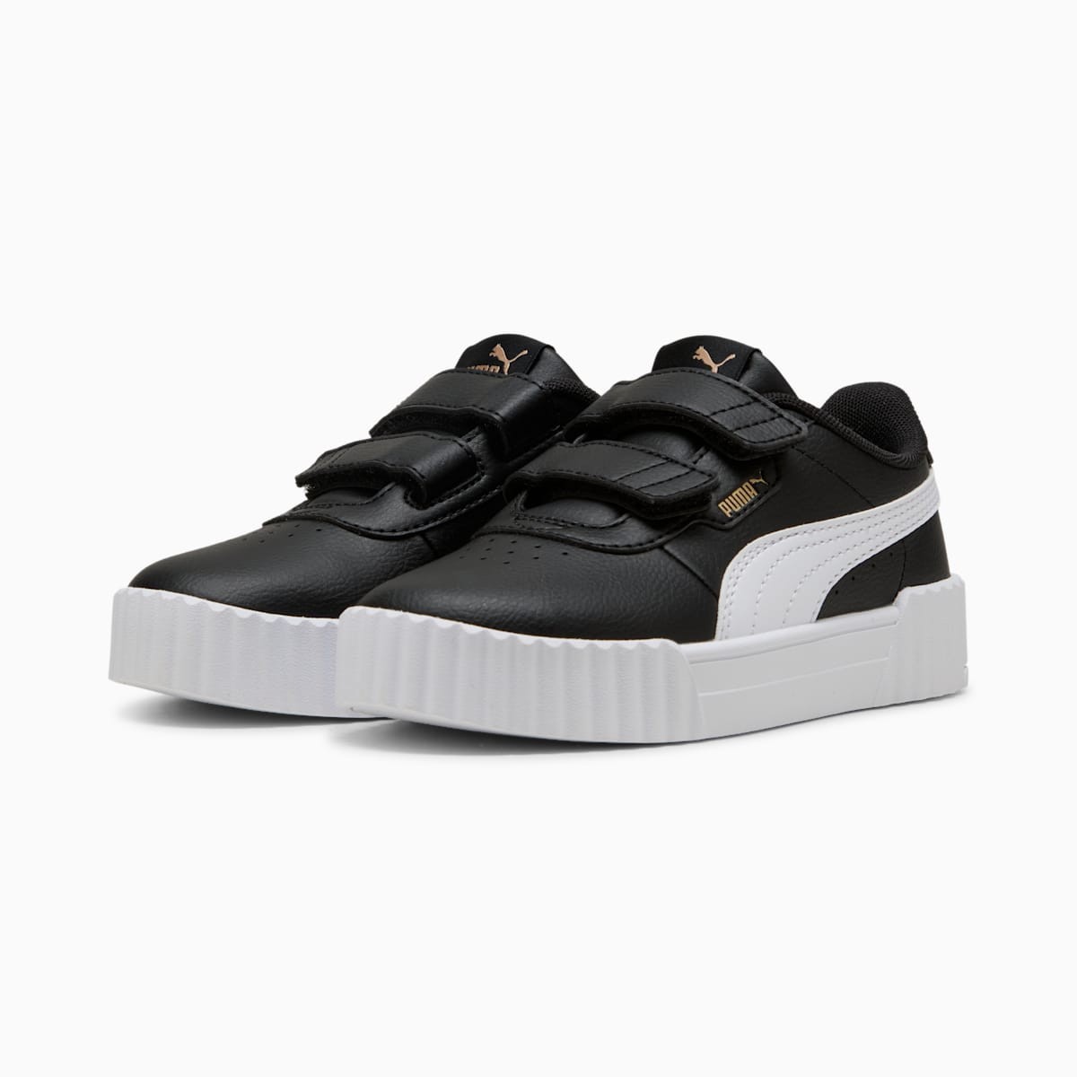 Puma Unisex Little Kids' Carina Hook and Loop Shoes, Black-White-Gold, Puma Blac