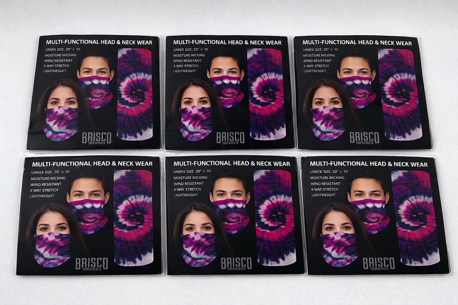 Lot of 6 Brisco Pink Purple Black Tie Dye Spiral Neck Gaiter Face Mask  20x10