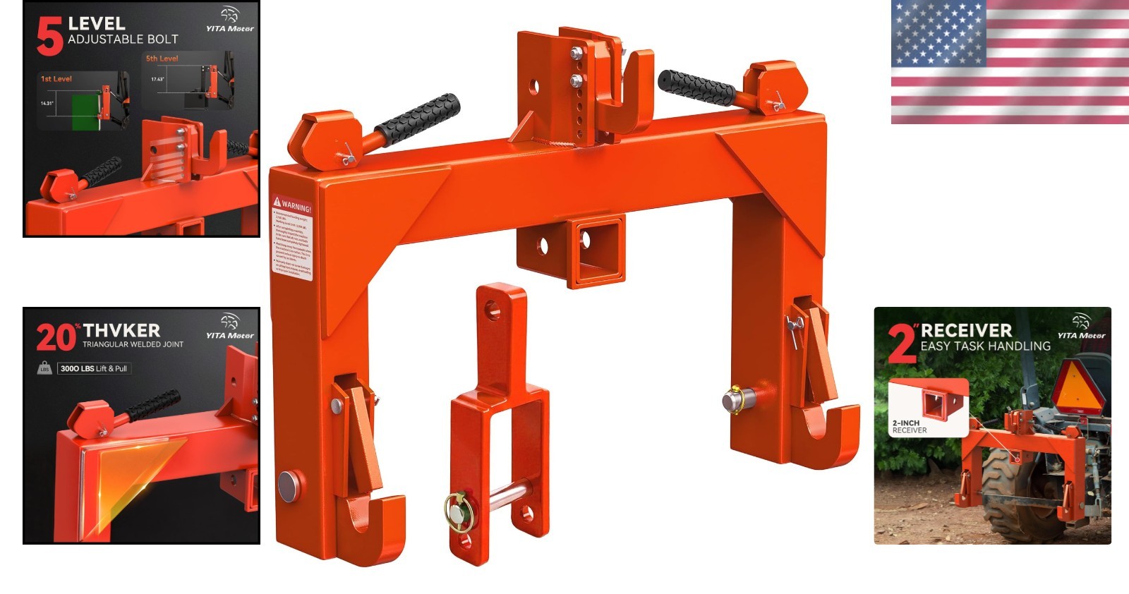 Adjustable 3 Point Quick Hitch Adapter with 2" Receiver for Category 1 Tractors