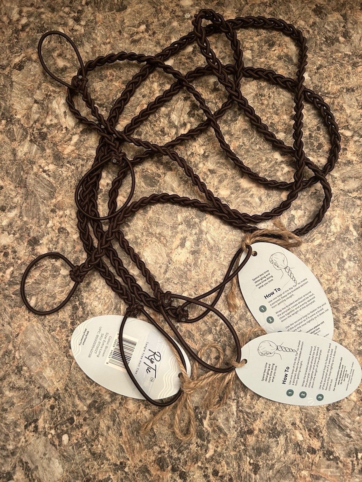 Lot of 3 Rip Tie Brand Tangle Free Hair Ties Brown 34" 2.5mm Extra Long Size NWT