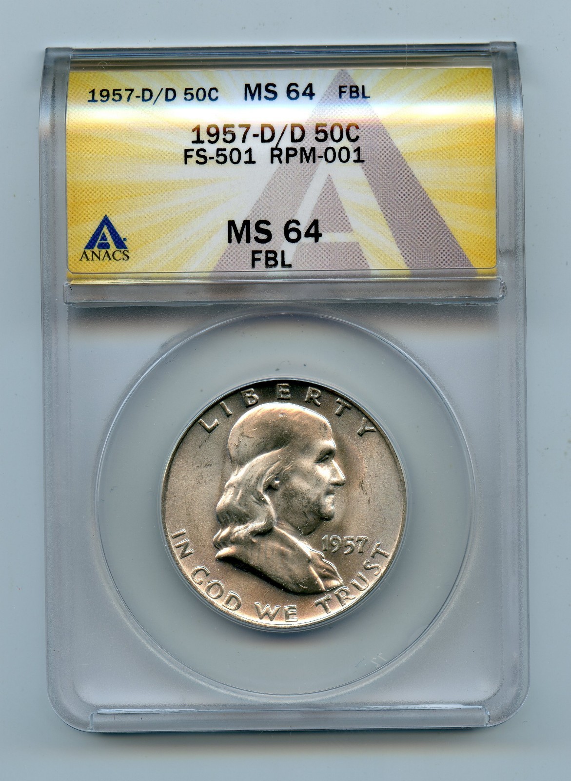 1957-D/D FS-501 RPM-001 Franklin Silver Half Dollar 50c ANACS MS64 FBL