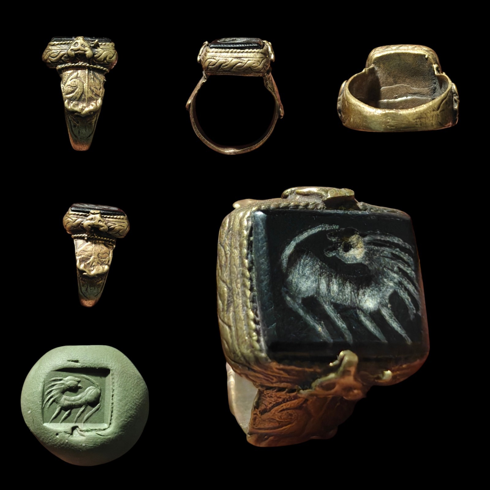 Mediveal brass black agate animal intaglio unique ring
