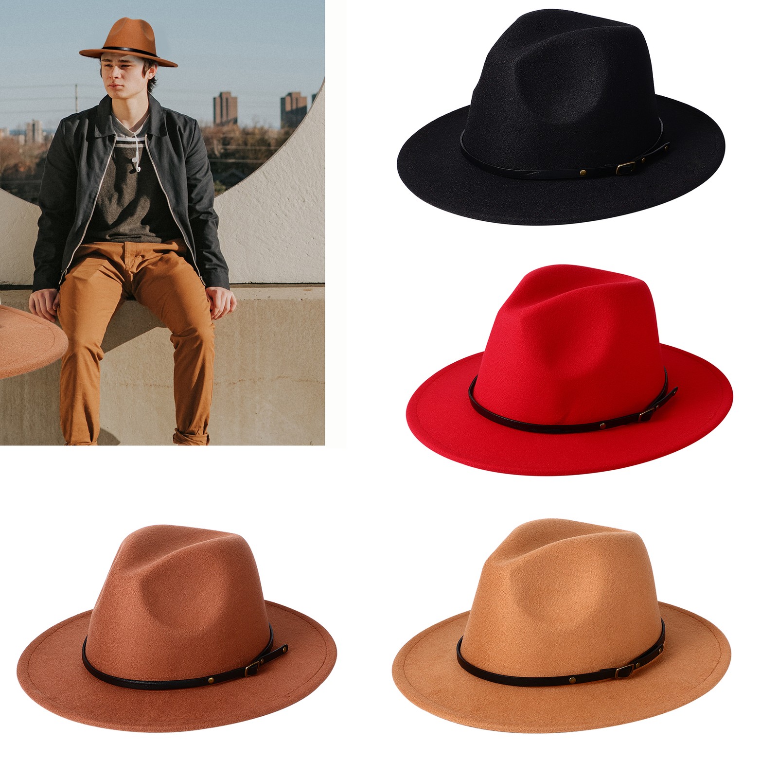 Wide Brim Felt Fedora Jazz Hat Panama Trilby Cap w Belt Buckle for Men Women