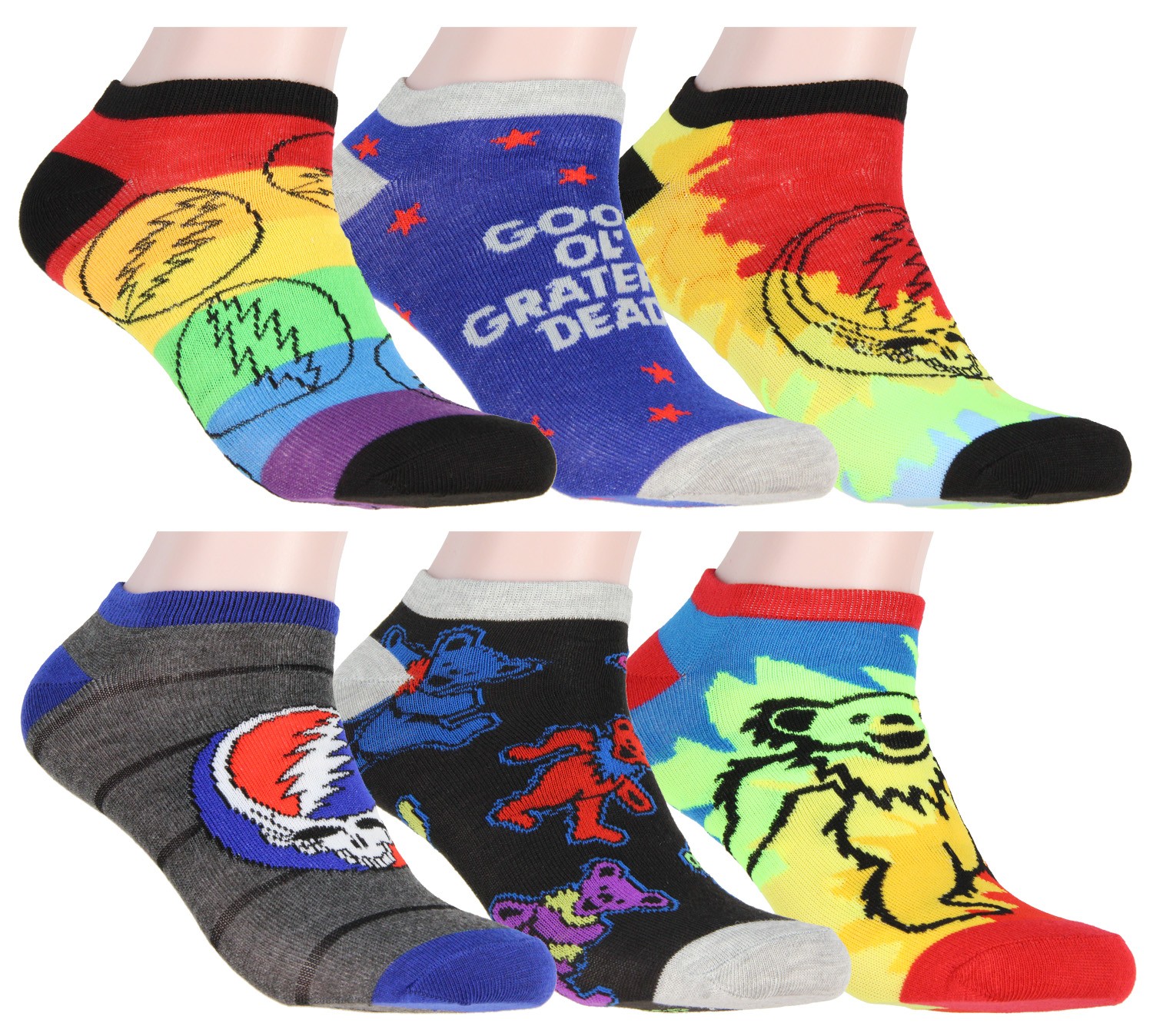 Grateful Dead Socks Adult Dancing Bears And Steal Your Face 6 Pack Ankle Socks