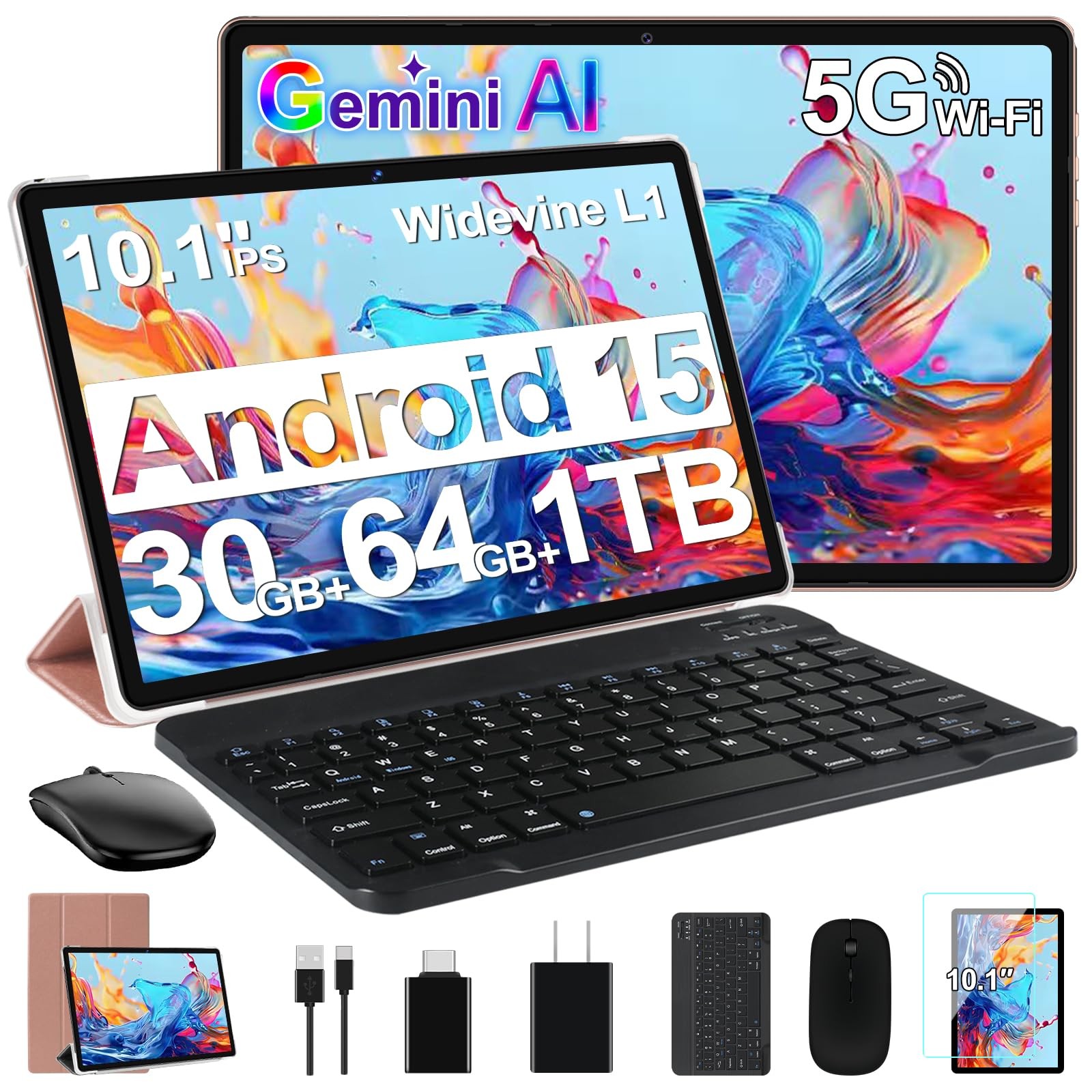 DMOAO Tablet, 2026 Android 15 Tablet with Gemini AI, 10.1 Inch FHD Gold