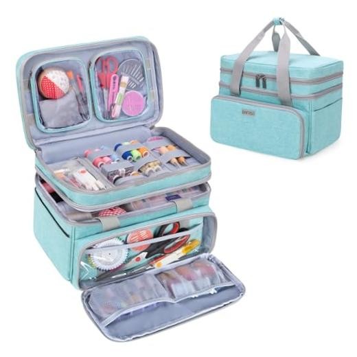 Double Layer Sewing Accessories Organizer | with 2 Detachable Pouches, Green