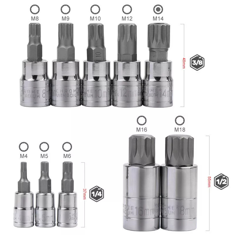 10pc XZN Triple Square 12 Point Spline Bit socket Set 4MM - 18MM