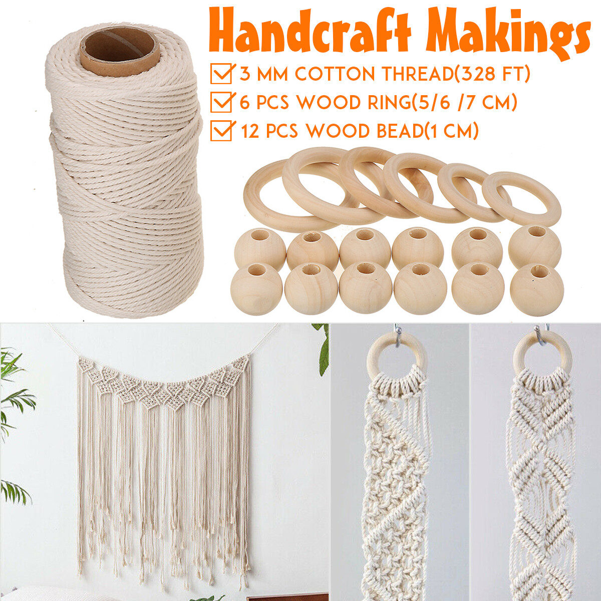 100m 3mm Natural Cotton String Macrame Artisan Thread Twisted Cord + Beads Rings