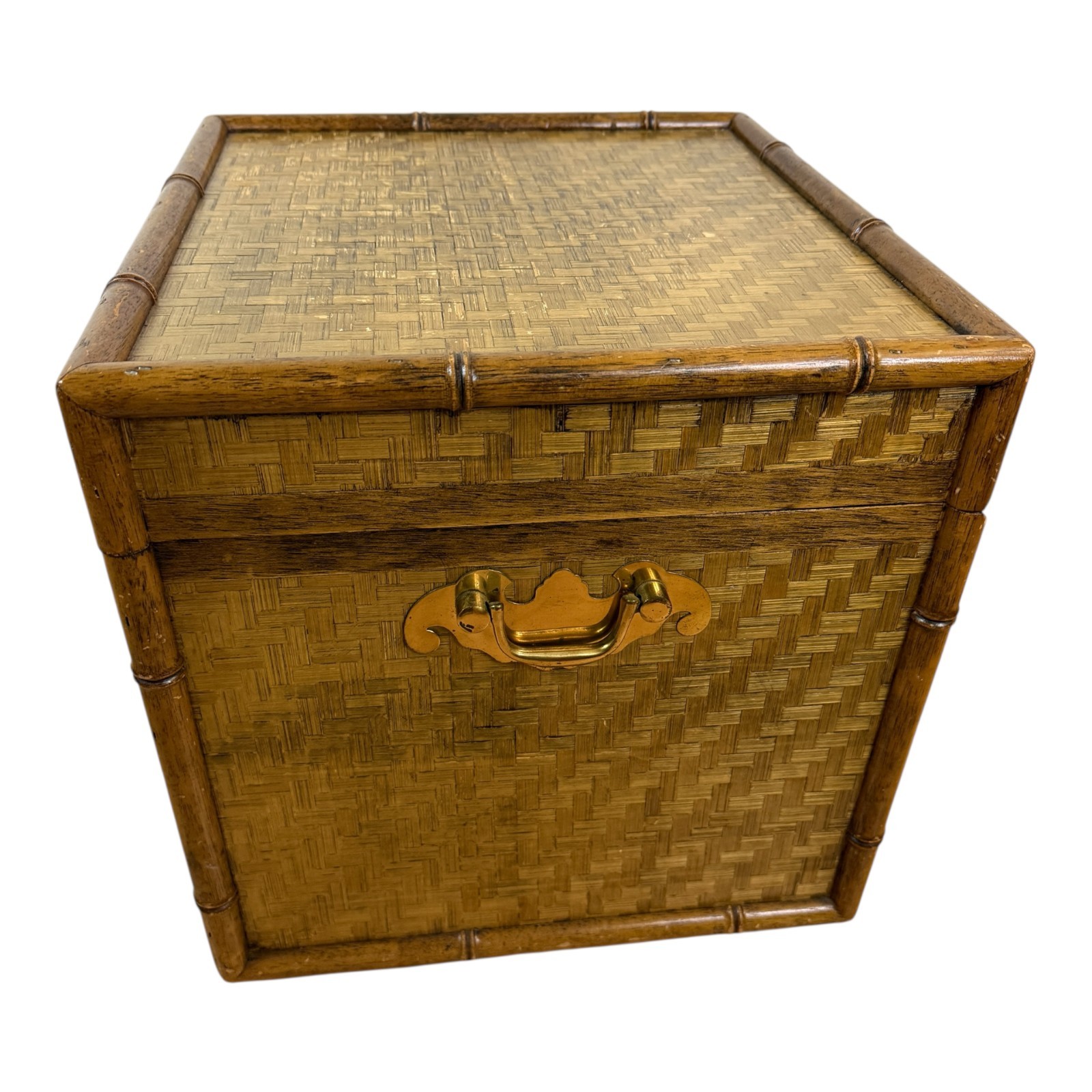 Vintage Bamboo Lidded Chest Trunk Hamper Herringbone Woven Wicker