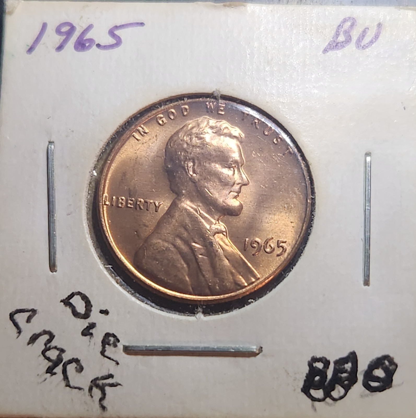 RARE 1965 NO MINT MARK LINCOLN ONE CENT BU, DD, DIE CRACKS, DIE CHIPS