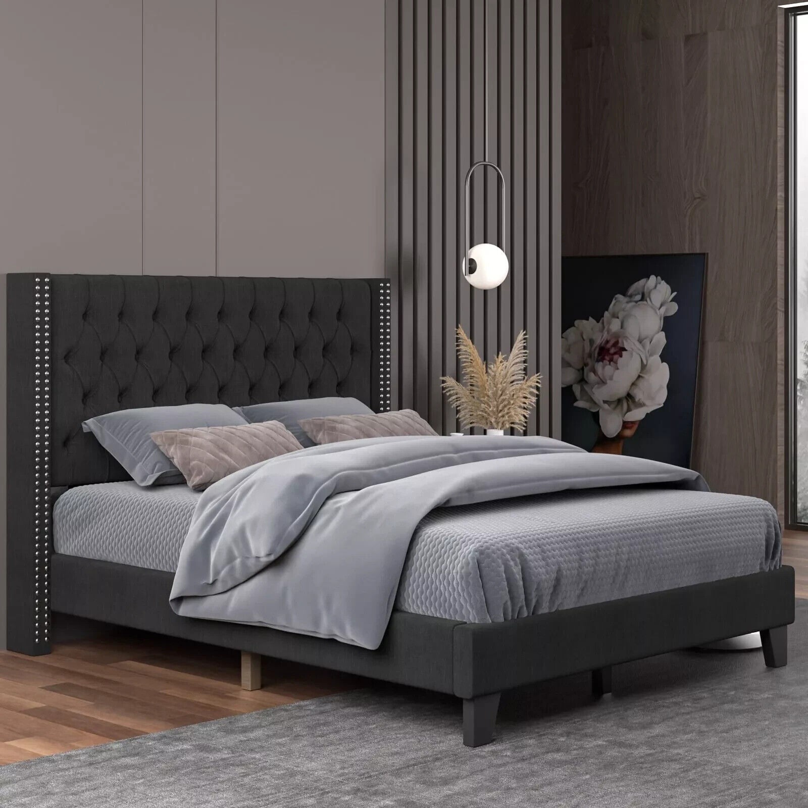 Fabric Linen Kind Bed Frame With Tufted Upholstered Headboard King