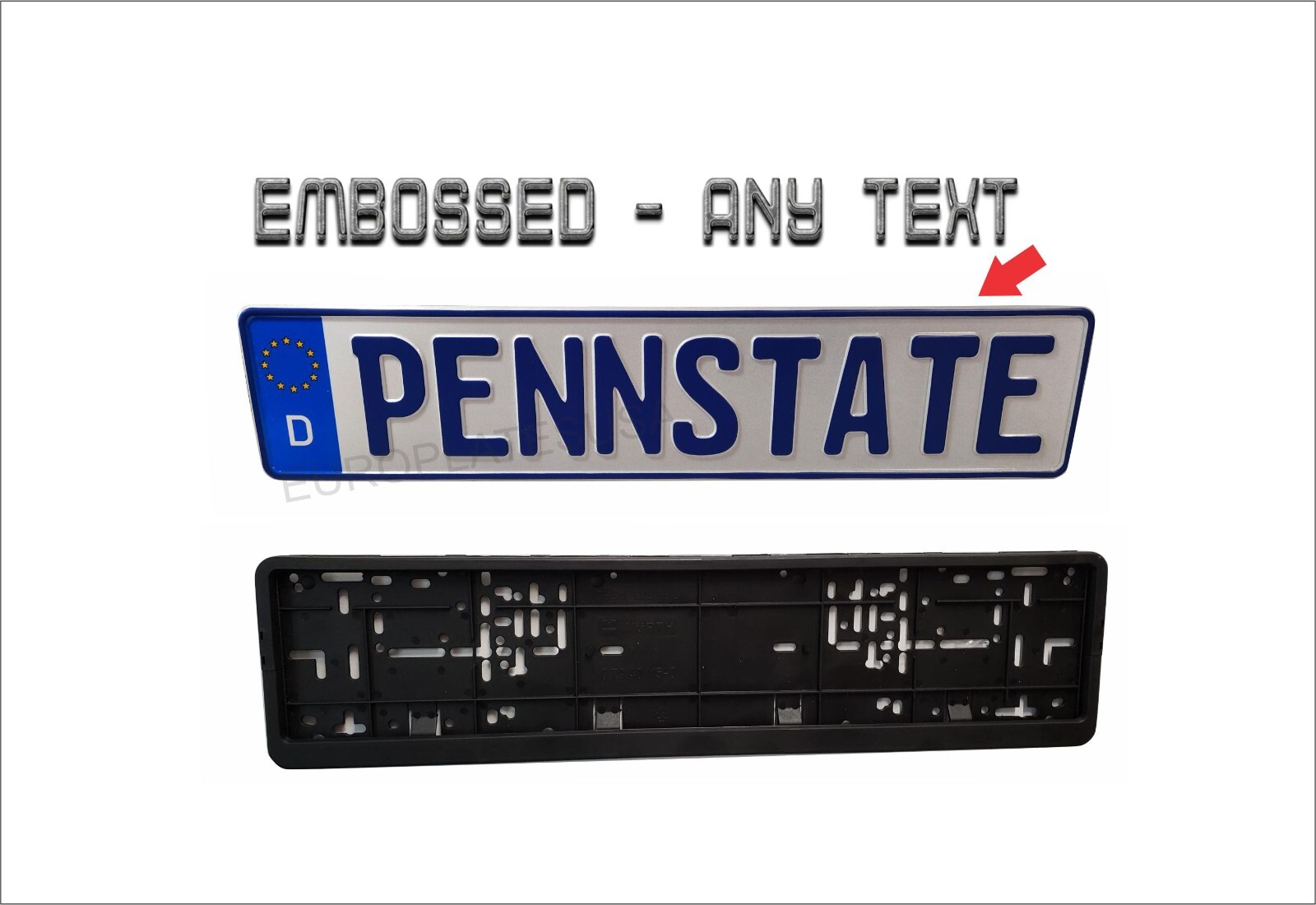 GERMAN, EURO,  BMW,  European LICENSE plate, ANY TEXT - BLUE TEXT AND BOARDER