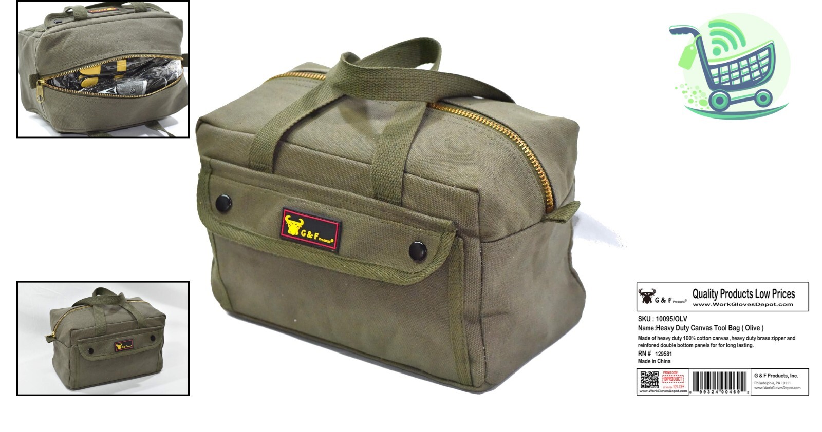 Fully Lined Water-Resistant Tool Bag - Olive Green Military Duffle Style