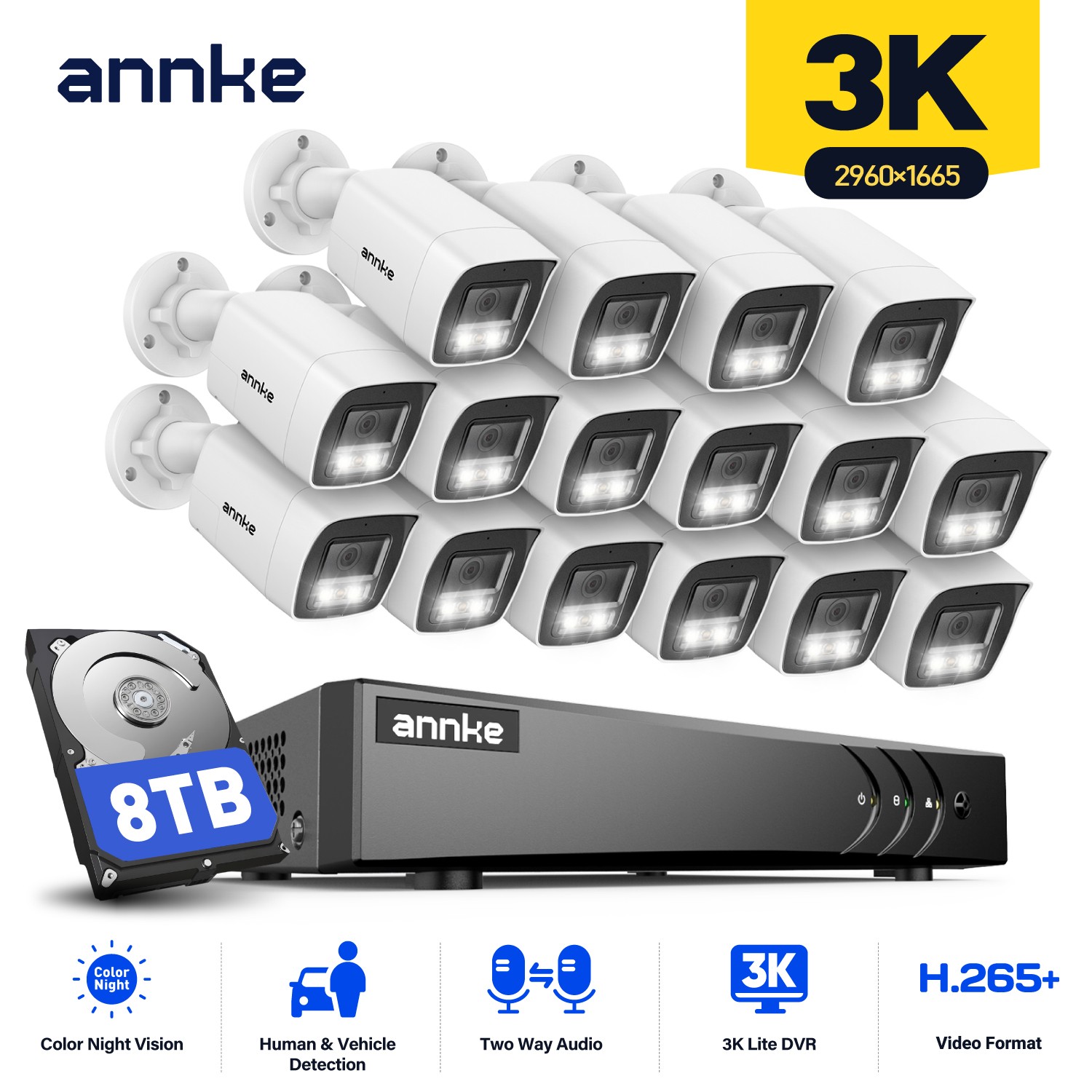 ANNKE 3K Color Night Two Way Audio 16CH DVR Security Camera System AI Detection
