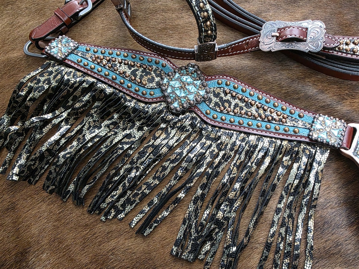 Western Headstall - Fringed Breastcollar - Reins - Metallic Leopard - Turquoise