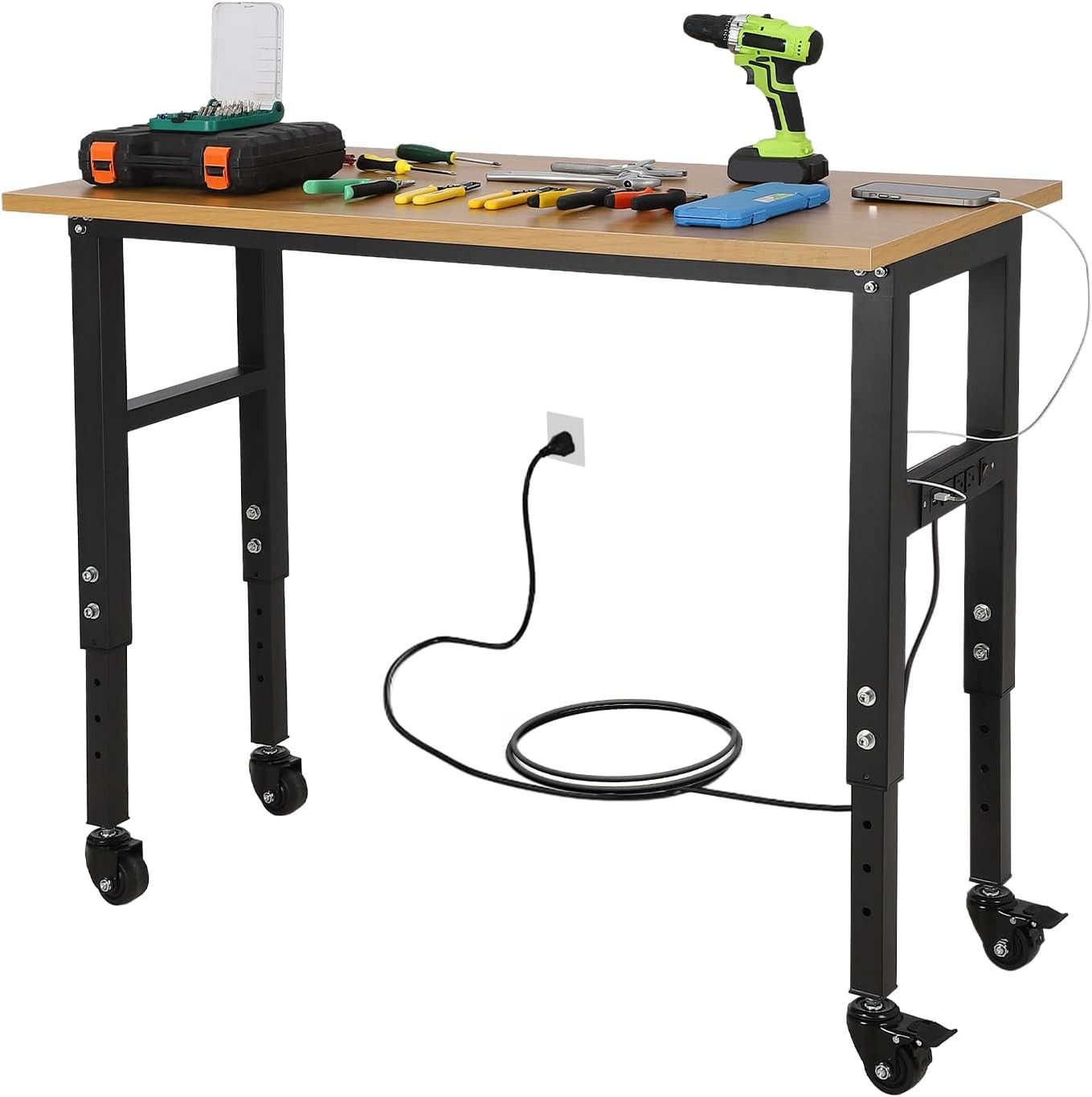 48"*24" Adjustable Workbench with Power Outlet & Wheels 2500 lbs Load Heavy Duty