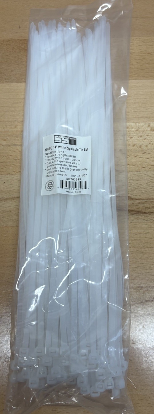 100 package Sun State Tools 14” White Cable Zip Ties.