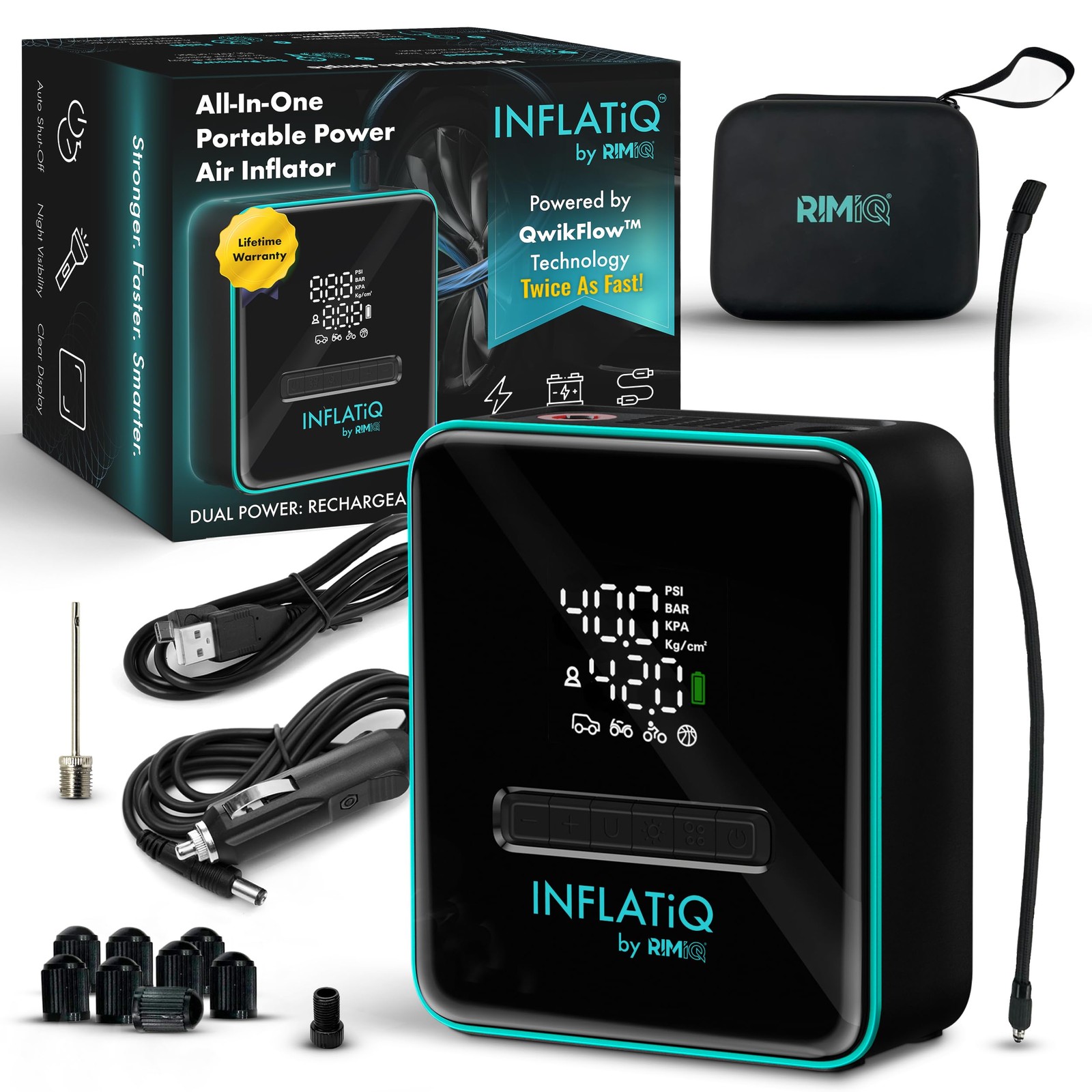 INFLATiQ by RIMiQ Portable Tire Inflator Air Compressor – 1 Pack, Classic