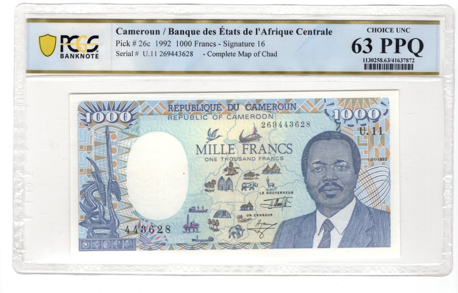 1992 Cameroun 1000 Francs Pick 26c complete map PCGS 63 Choice Uncirculated