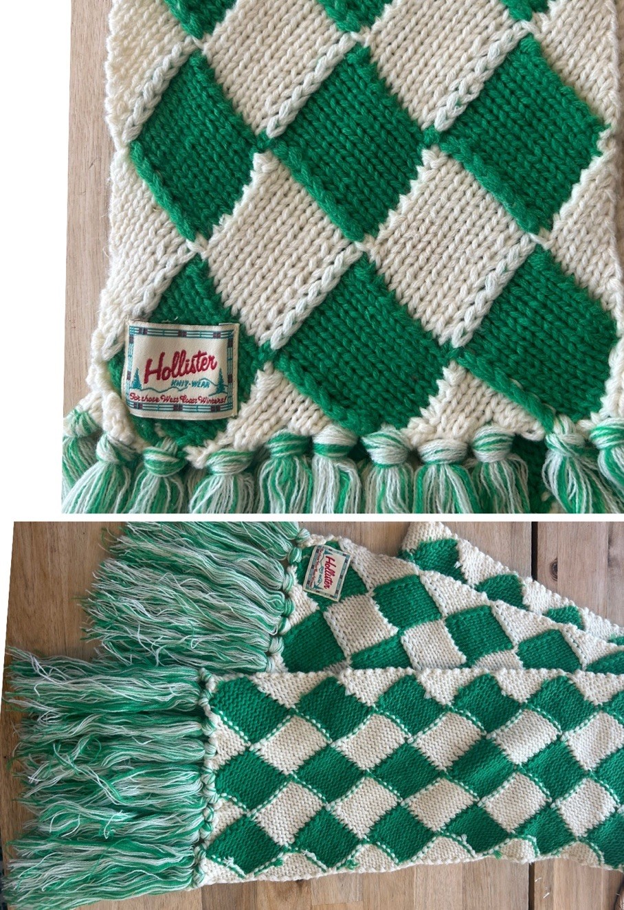 Hollister Scarf Green Knit Diamond Argyle Fringe Soft Winter Cozy Retro