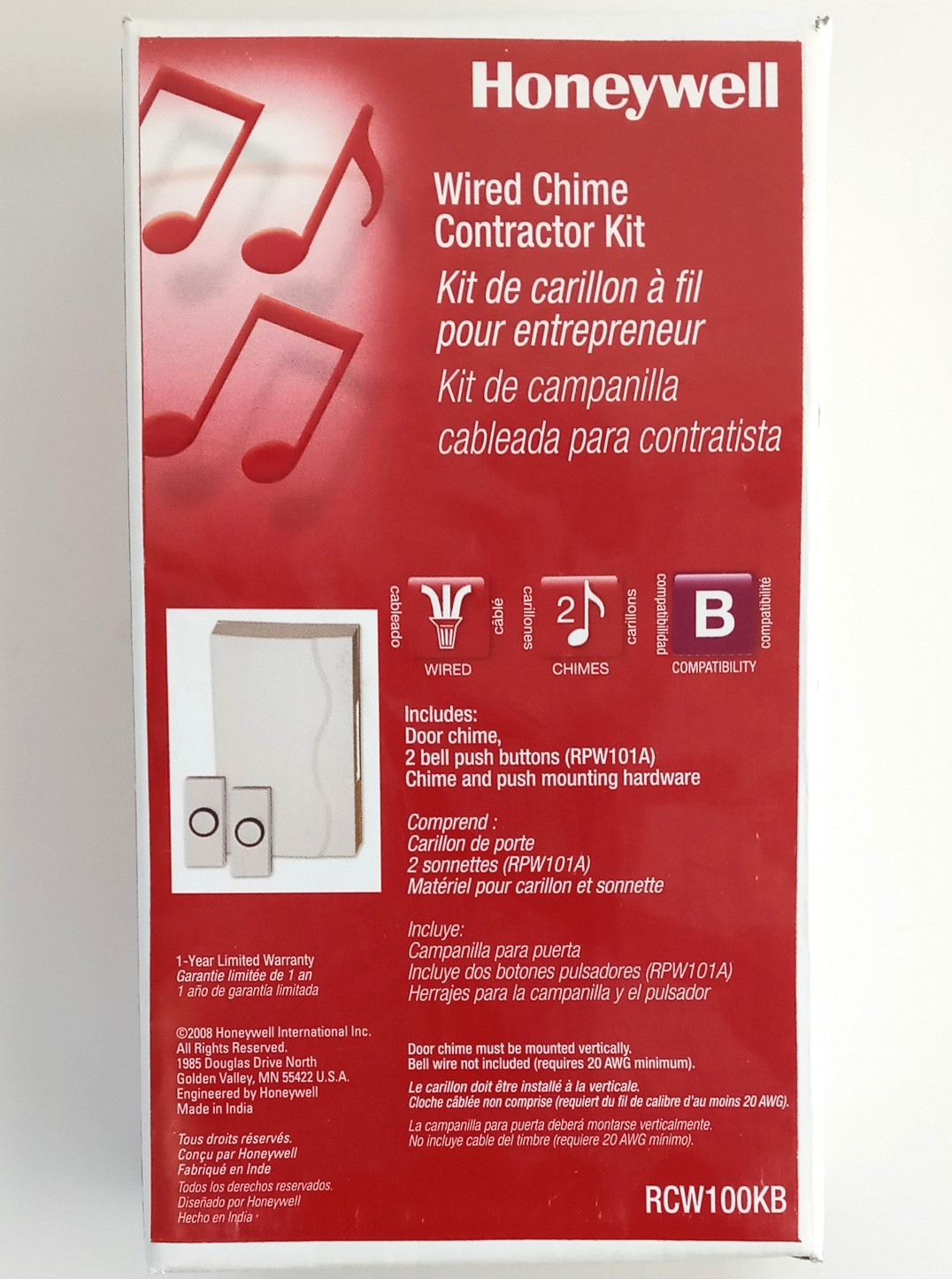 Honeywell RCW100KB Wired Chime Doorbell Contractor Kit w/ 2 Buttons