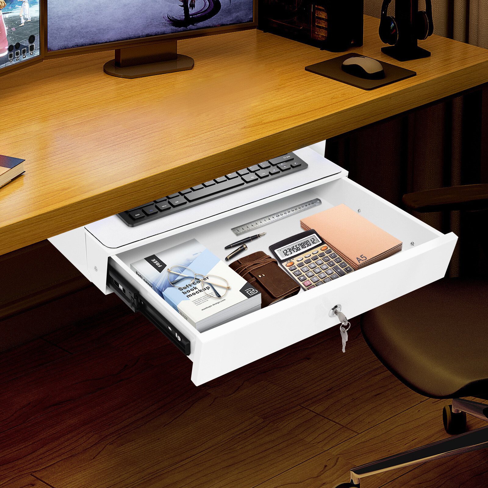 Sliding Pull-Out Drawer Under Desk for Office Organization, White