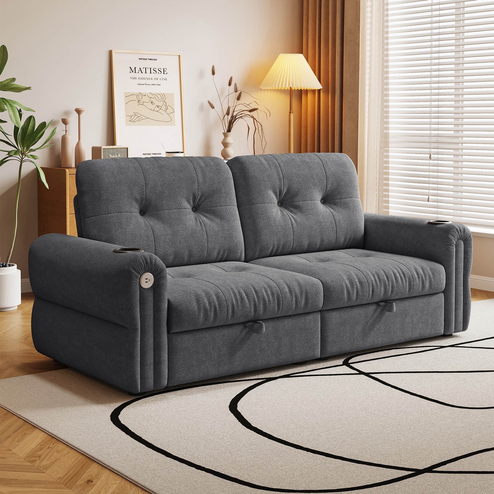 77" Convertible Sofa Bed 2-in-1 Sleeper with Chaise Lounge, Dark Grey Chenille