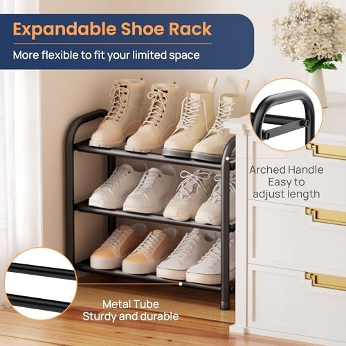Expandable Shoe Rack Adjustable Shoe Organizer Shelf for Closet, Black 3 Tier