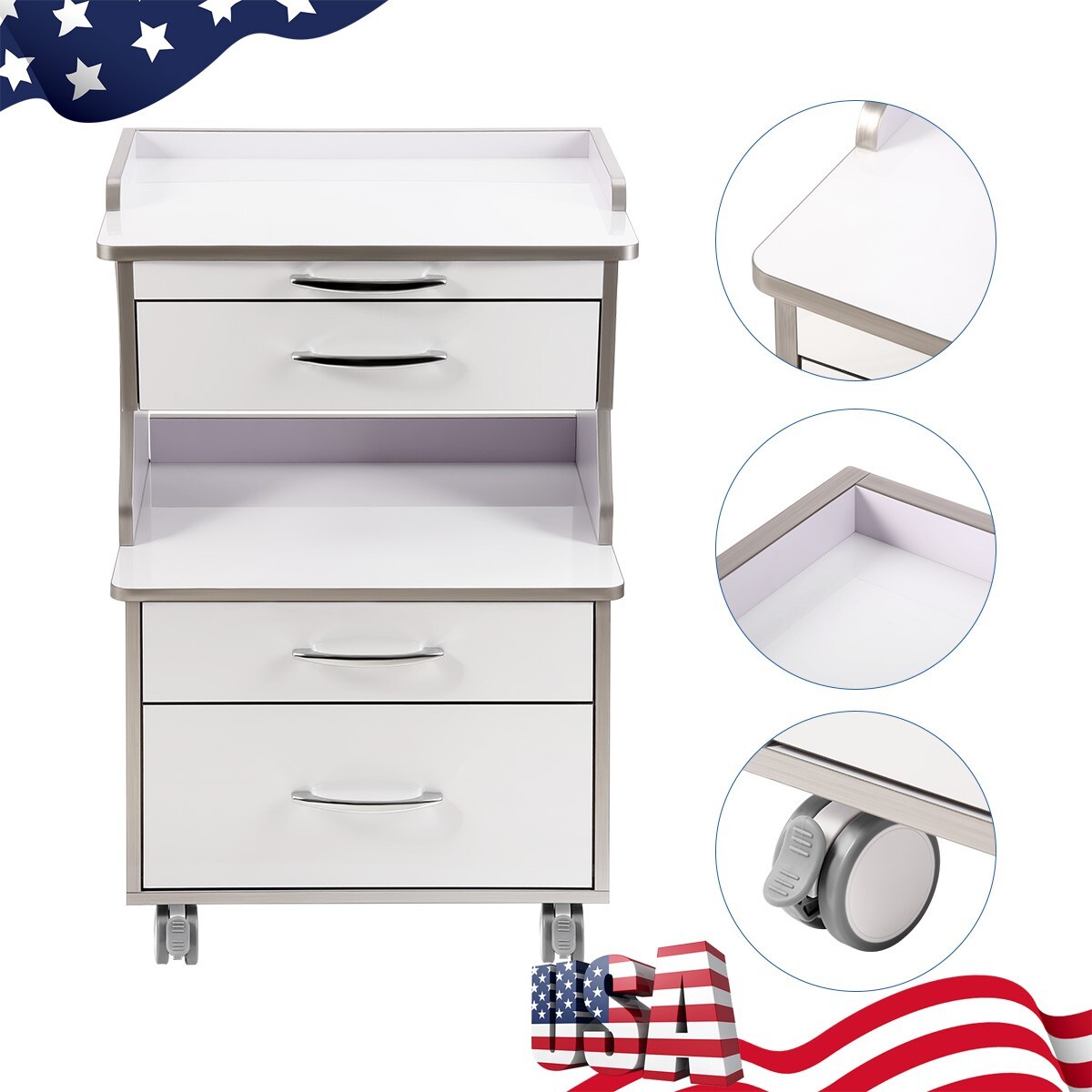 3 Drawers Dental Mobile Cabinet Cart Medical Storage Trolley Tool With Dividers
