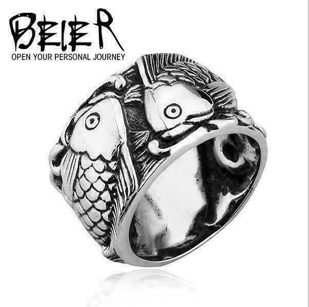 Punk Vintage Embossed Chinese Style Stainless Steel Double Fish Good Luck  Ring
