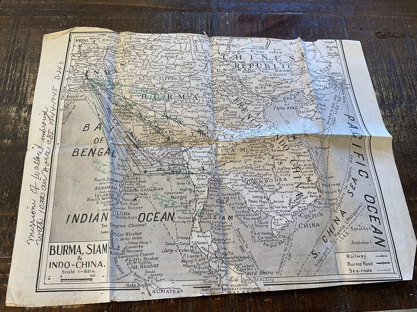 ORIGINAL WWII CBI USAAF 7TH BOMB GROUP MAP W/ NOTATED MISSIONS BY B-24 GUNNER