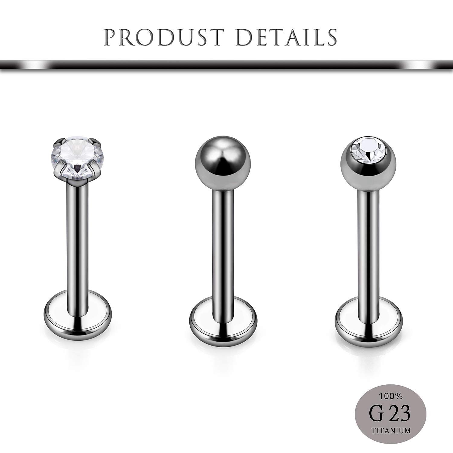 Hoeudjo 16G Solid Grade 23 (G23) Titanium Labret Monroe Lip Ring Tragus/Helix...
