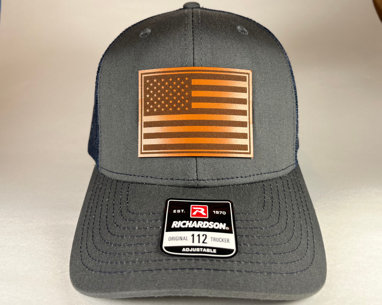 Richardson 112 American Flag 6 Panel Snapback Trucker Mesh Hat Leather Patch