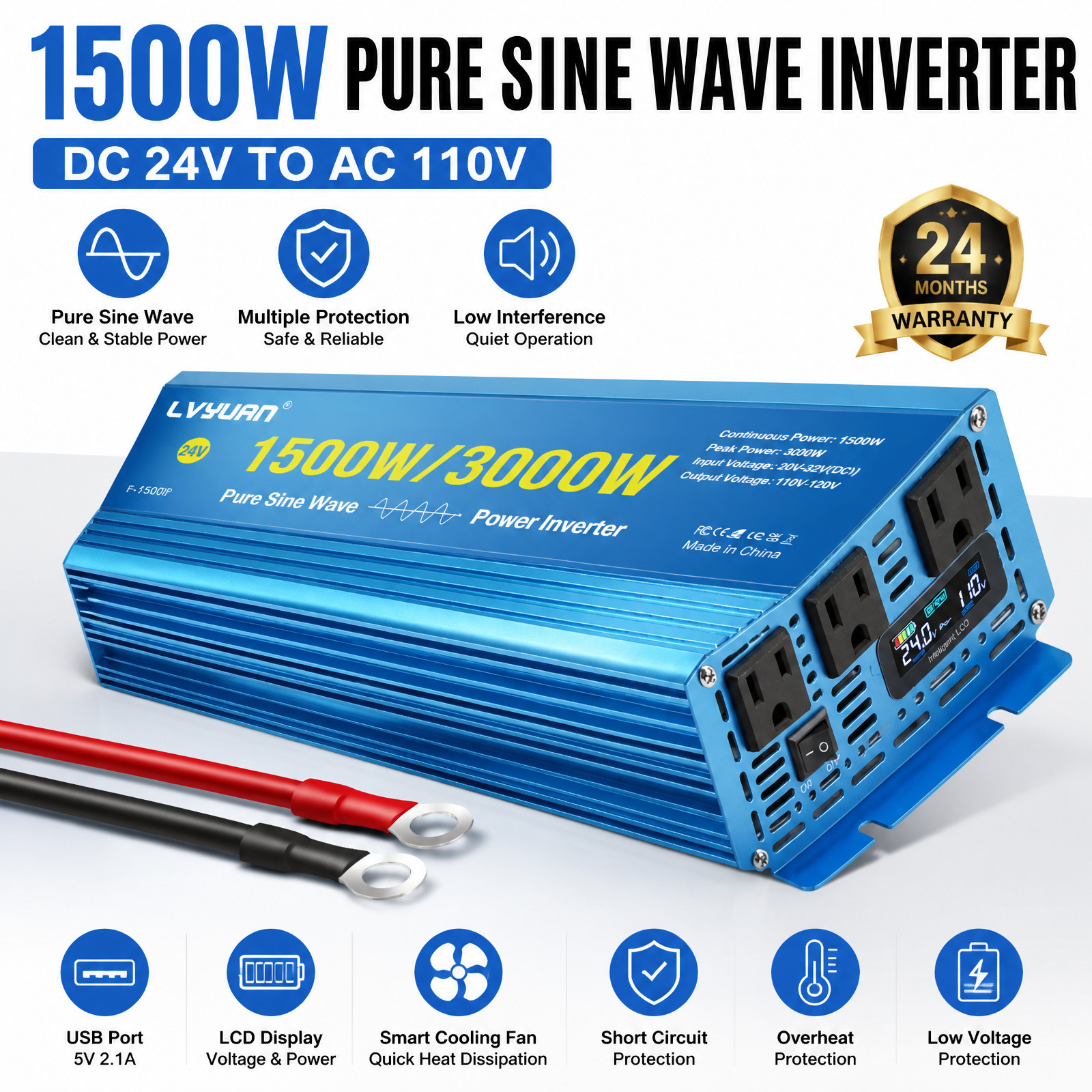 1500W 3000W Peak Pure Sine Wave Inverter 24V to 110V 3 AC Outlets  For RV Truck