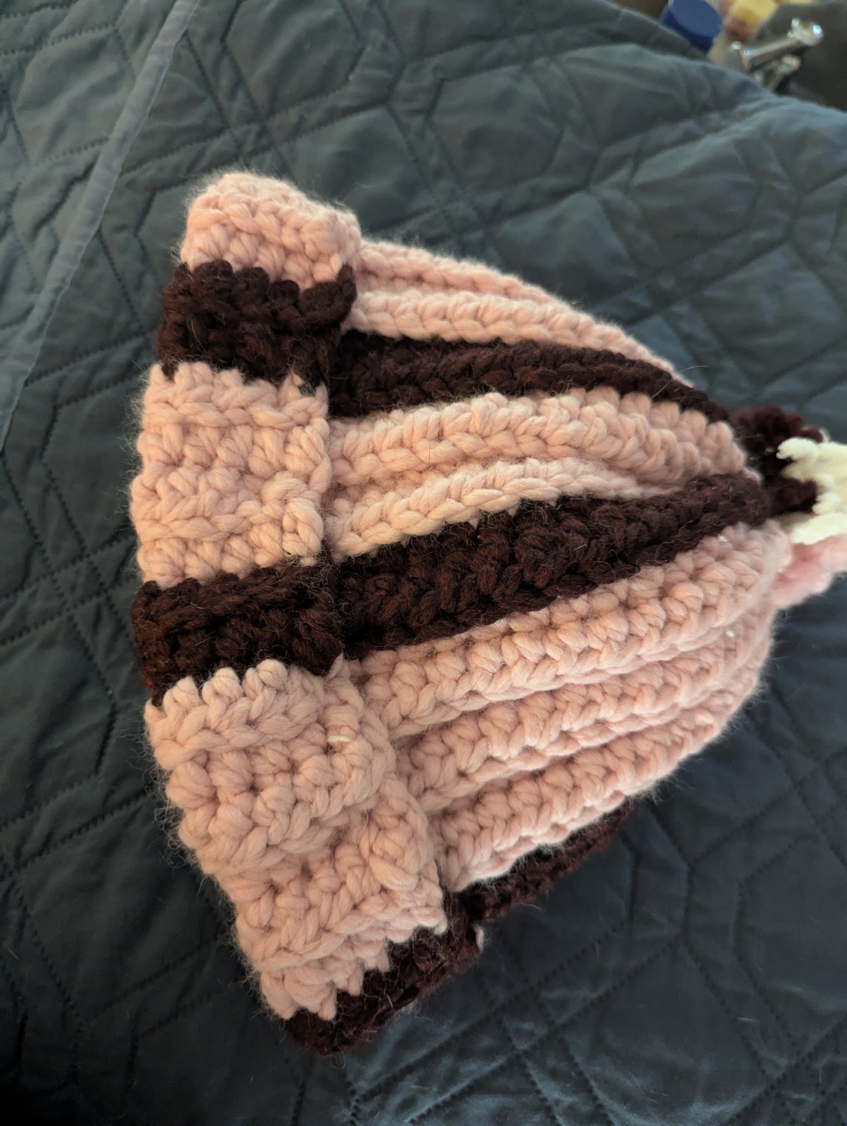 Handmade Crocheted Wool Beanie Hat Pink & Maroon Striped With Pom Pom