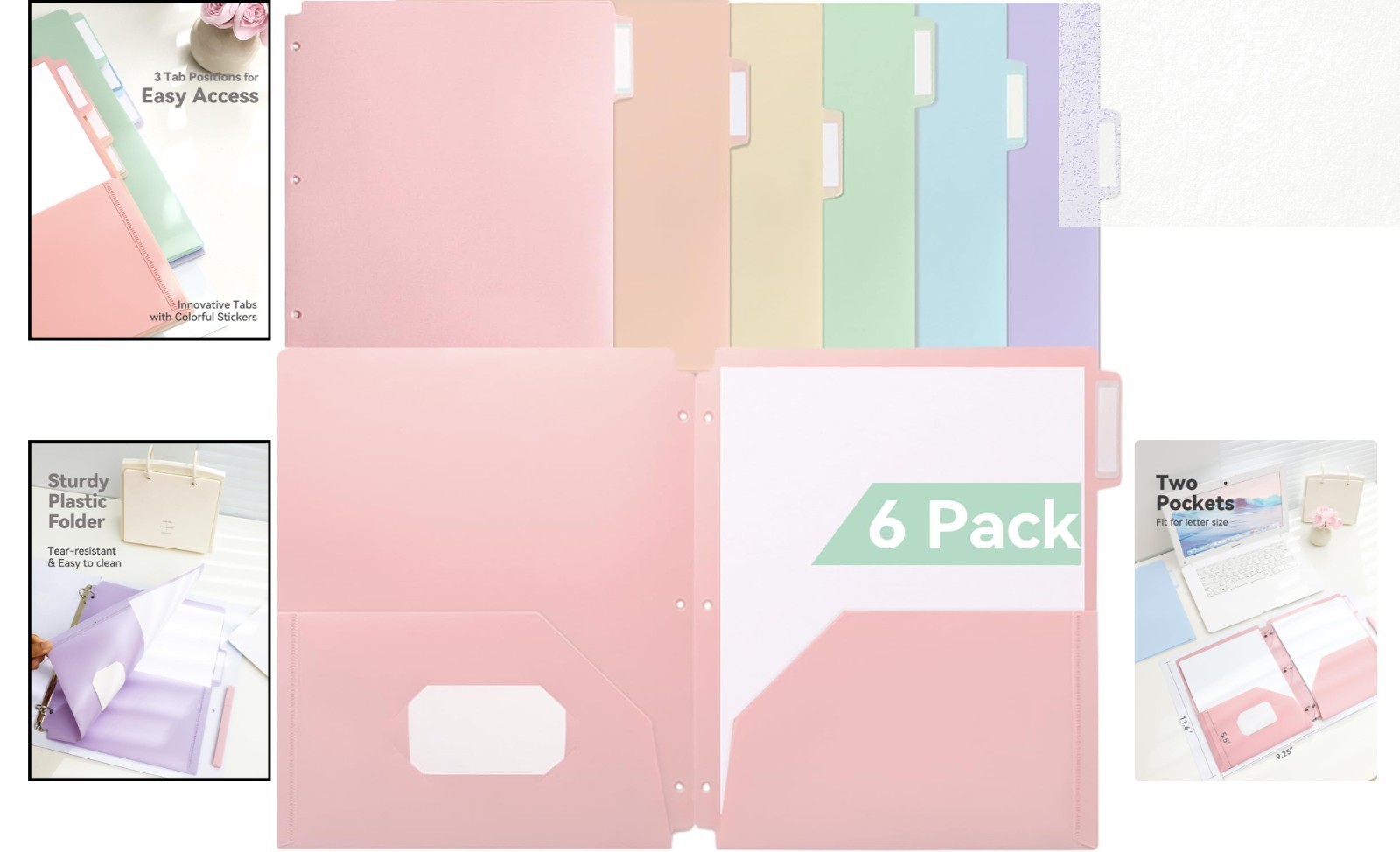 6-Pack Pastel Plastic Folders with 1/3 Cut Index Tabs for Quick Document Access
