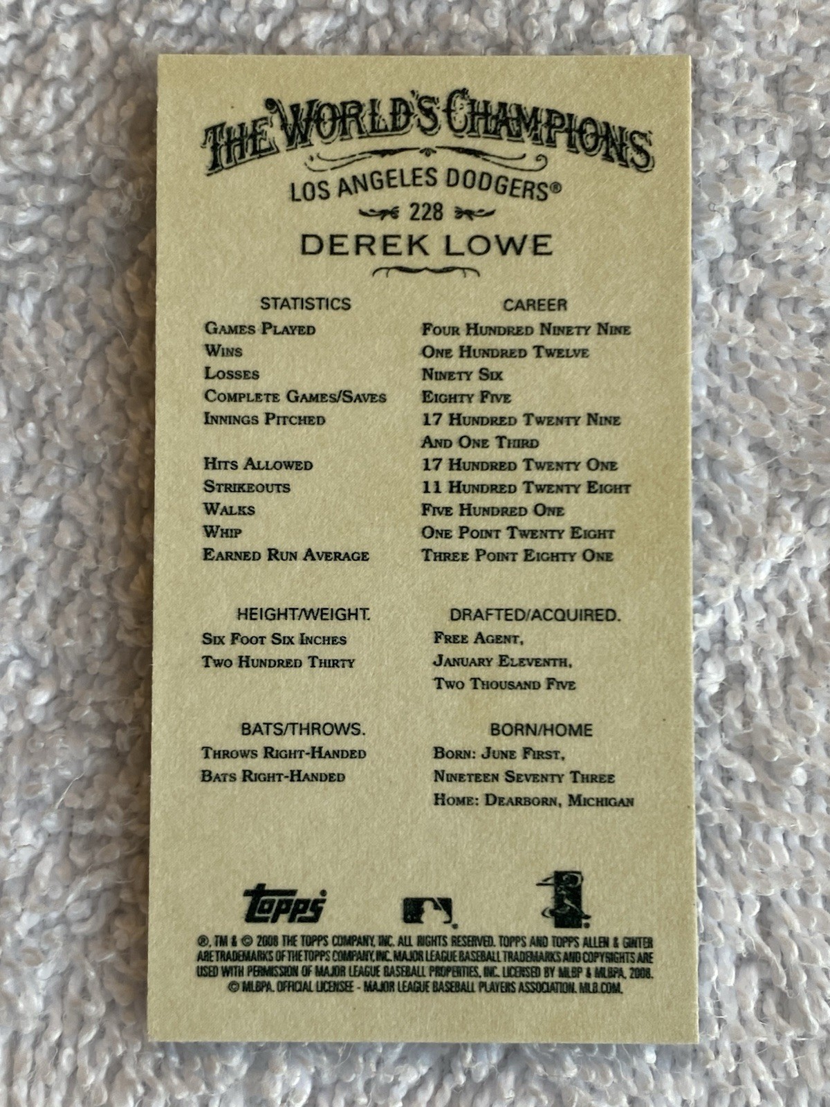 DODGERS- DEREK LOWE AUTOGRAPH 2008 TOPPS ALLEN & GINTER BLACK MINI #228