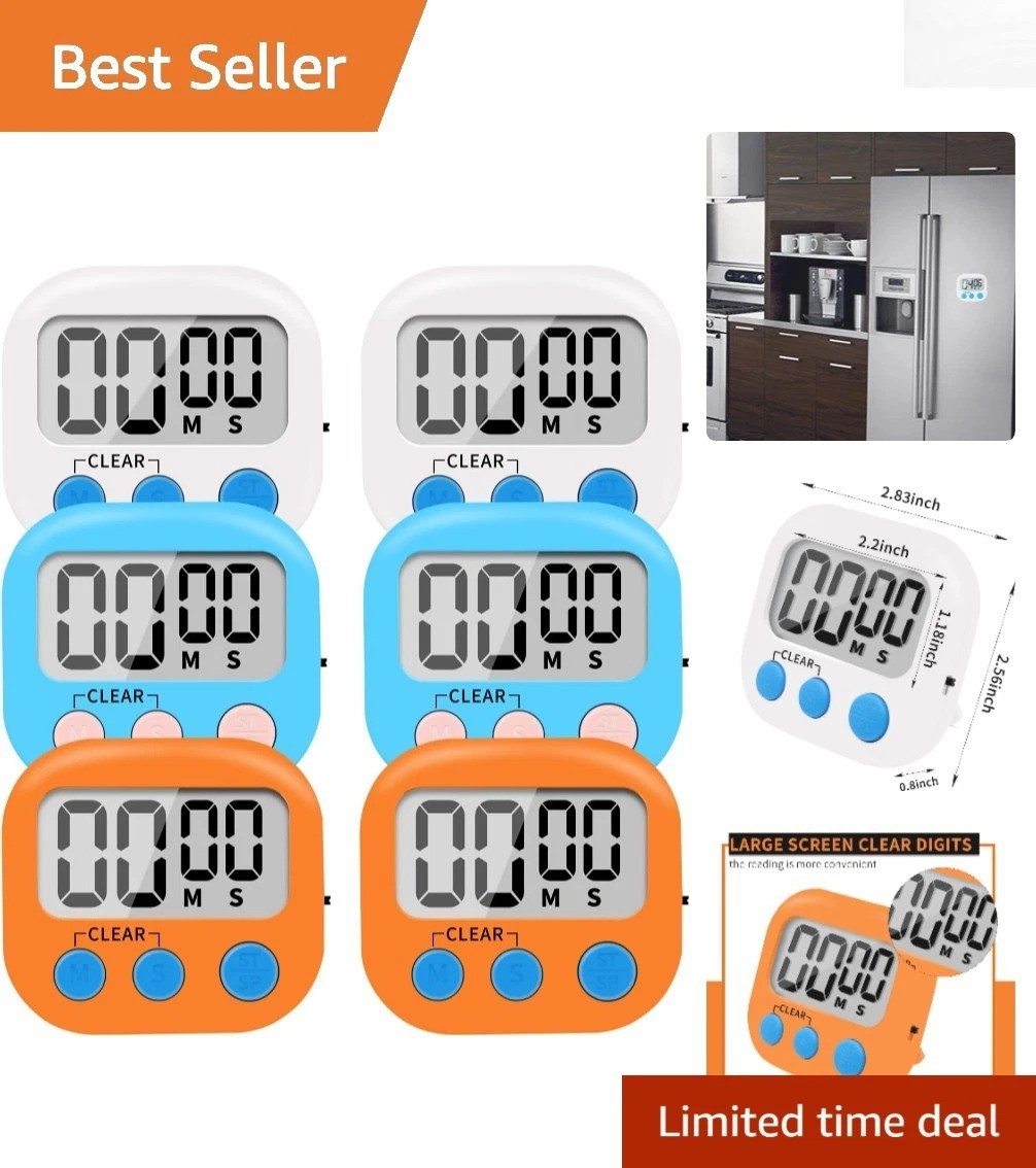 Compact 6 Pack Kitchen Timer Set - Magnetic Back, Large Display, ON/OFF Switch