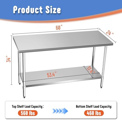 Stainless Steel Table with Adjustable Undershelf Tabletop, Heavy Duty 24" x 60"