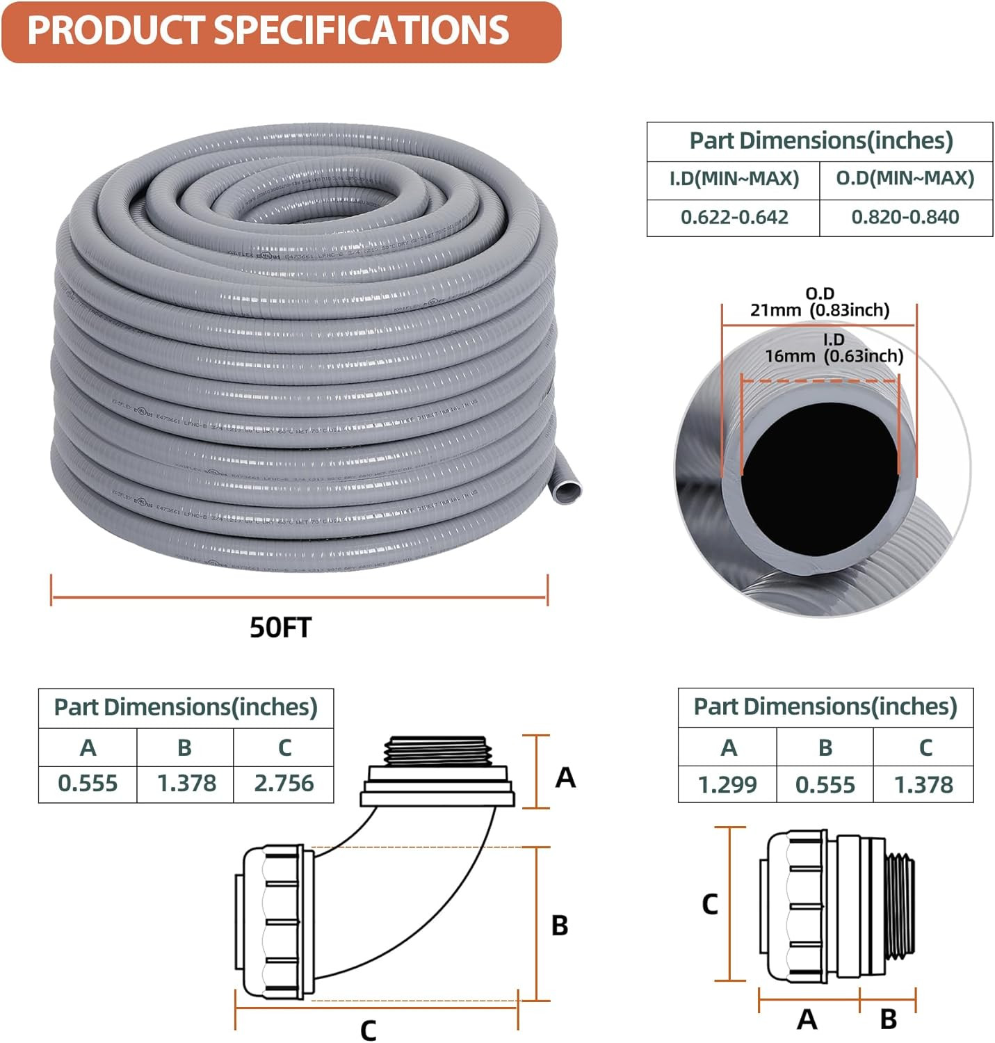Liquid-Tight Conduit Kit 1/2 50Ft W/Ul Certification | Flexible Electrical Condu