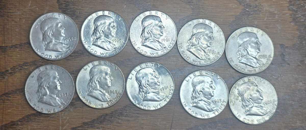 10 Franklin Silver Half Dollars 1960s Mixed Dates 90% Silver Some AU/BU FBL? $5