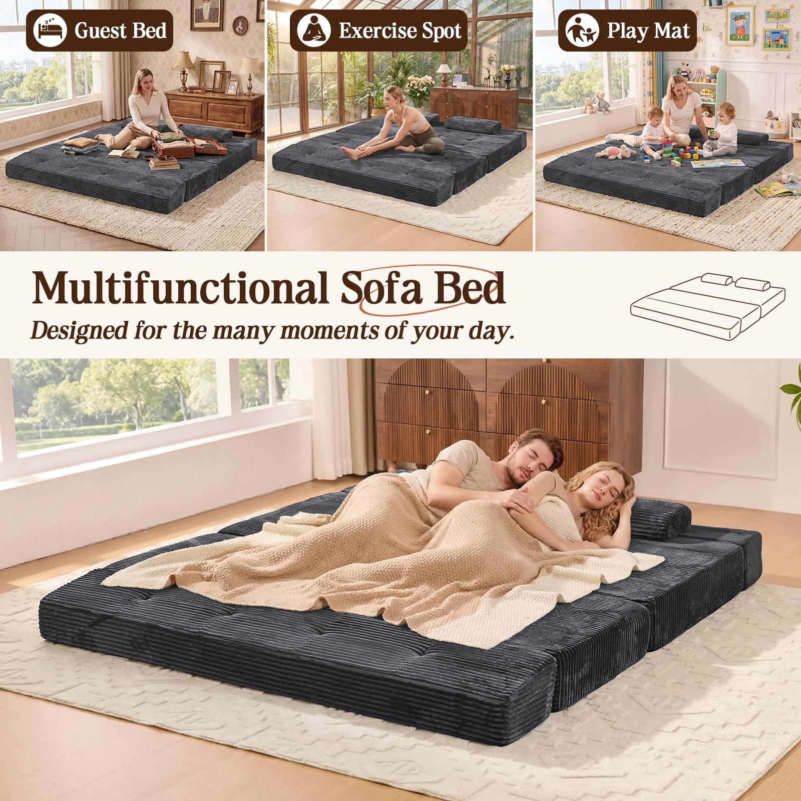 78.7IN Folding Sofa Bed - Convertible Sleeper Sofa Couch with Removable Pillo...