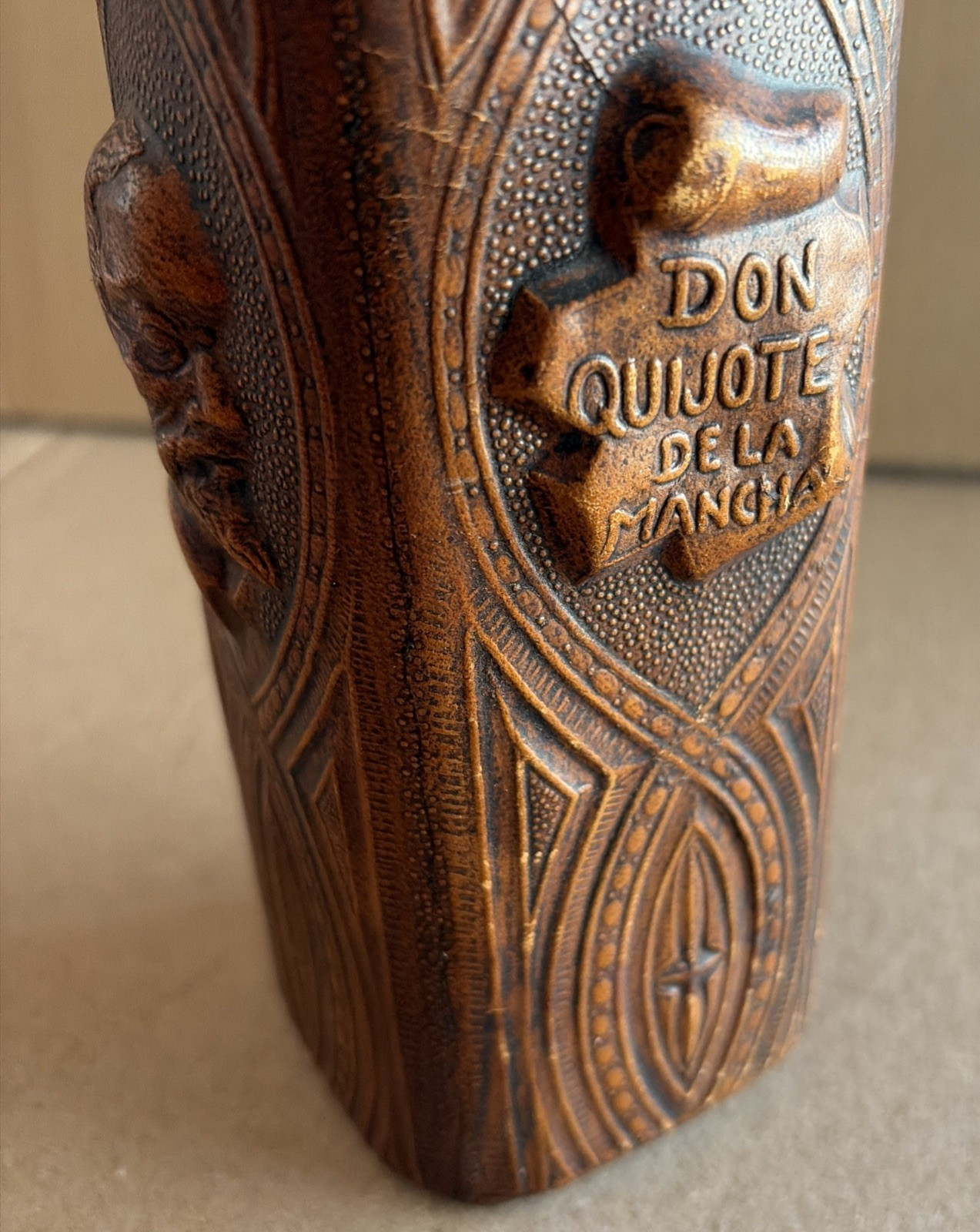 Spanish Decanter Hand Tooled Leather Scene Don Quixote De La Mancha Empty