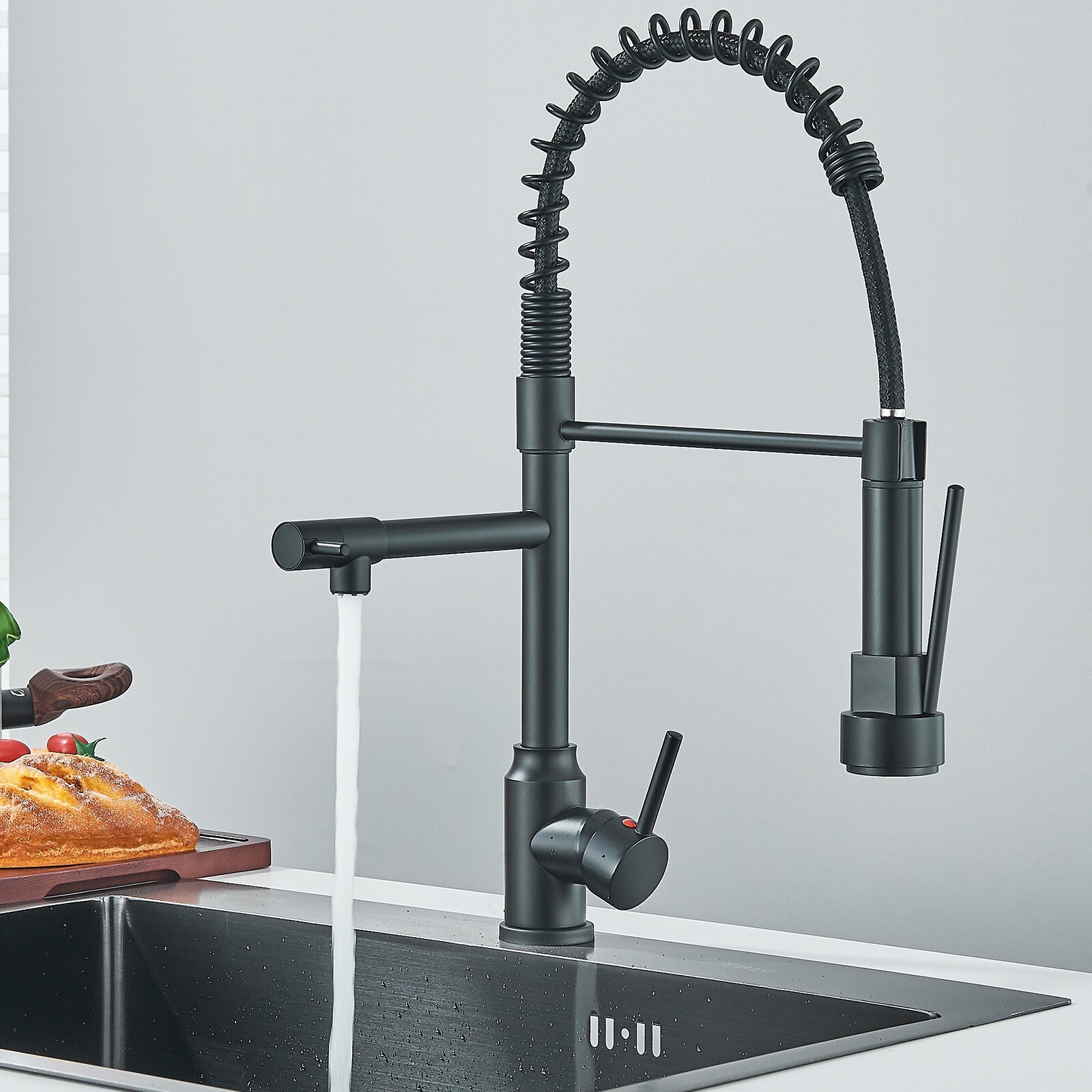 Black Spring Kitchen Faucet Pull Down Sprayer Swivel Single Handle Sink Mixer